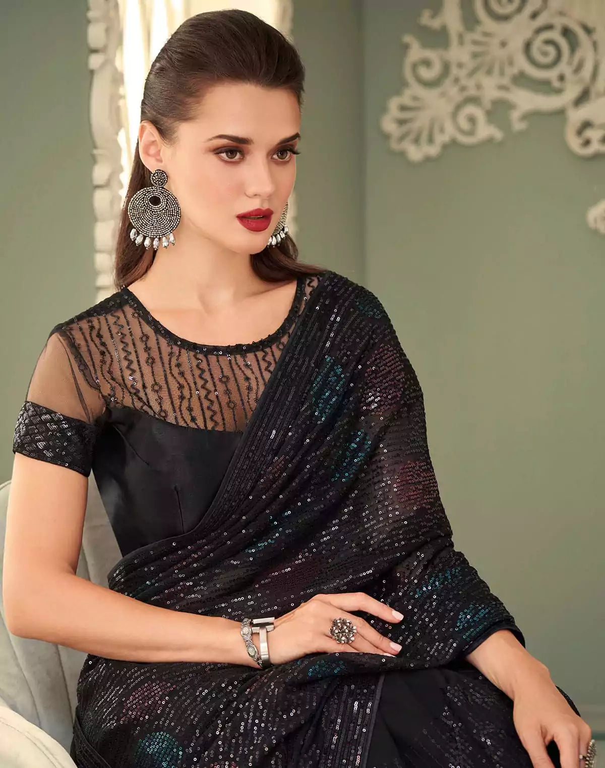 Image of Black Coloured Georgette Sequence work Saree