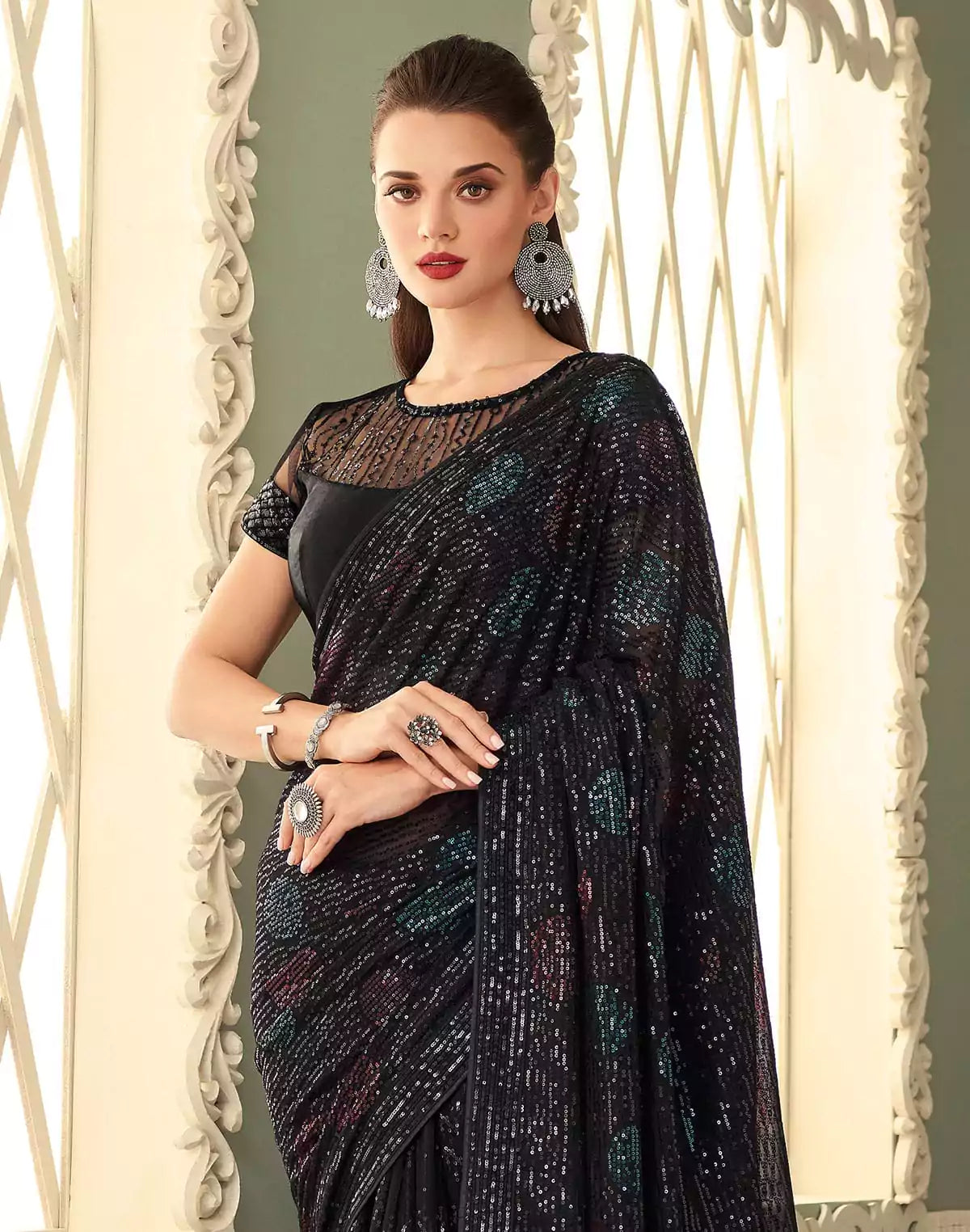 Image of Black Coloured Georgette Sequence work Saree