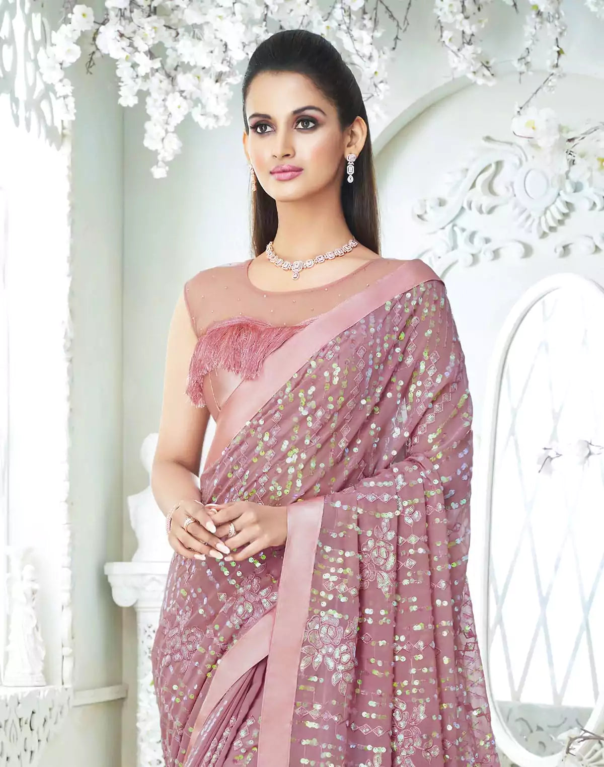 Image of Light Pink all over Sequence work Soft Georgette Saree