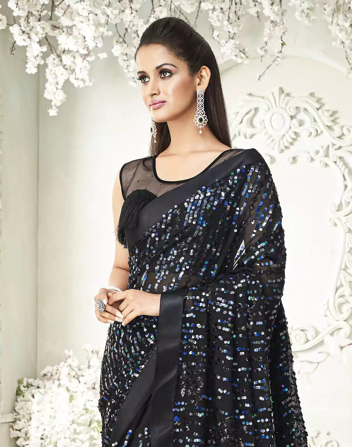 Image of Black Heavy Sequence work Soft Georgette Saree