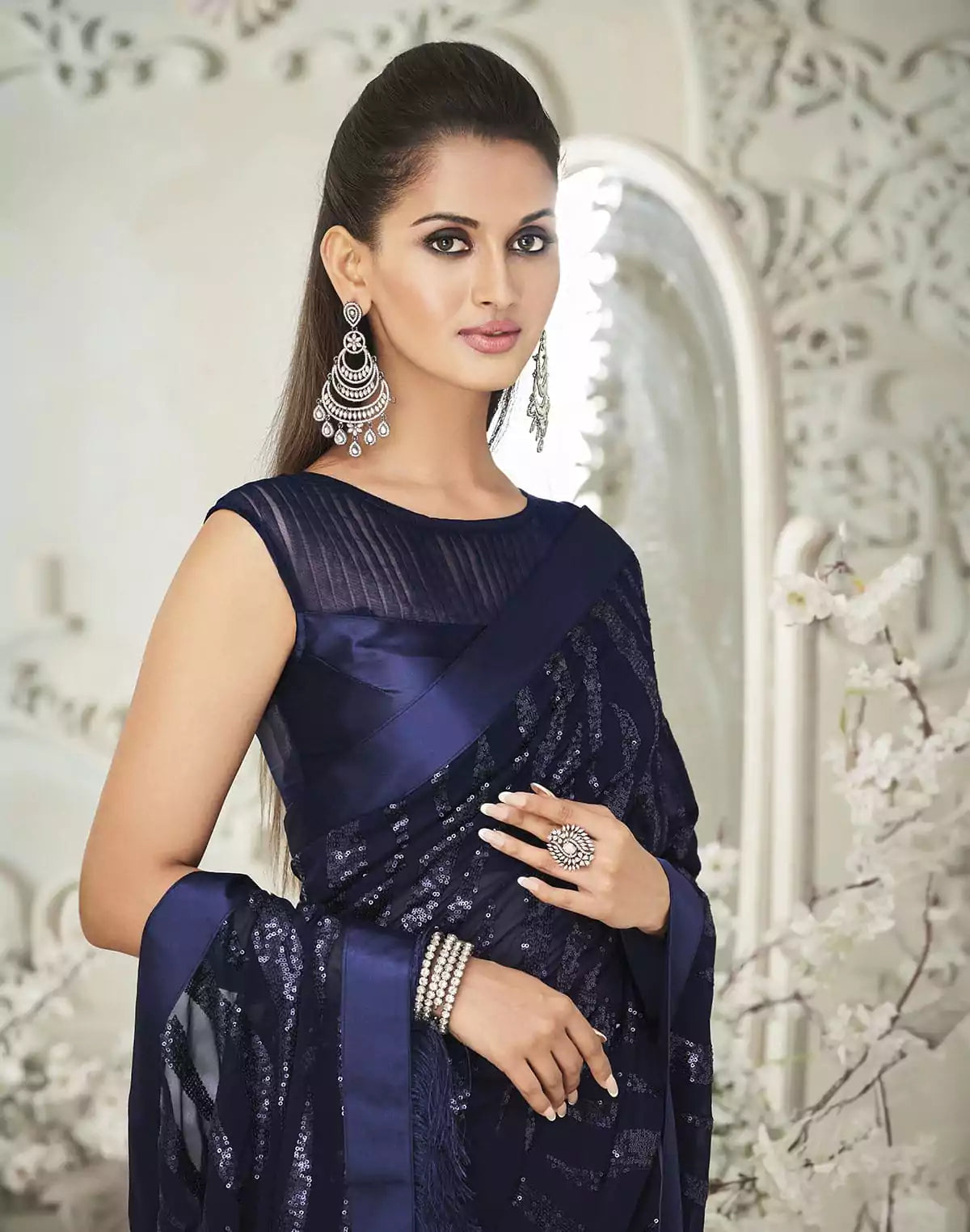 Image of Navy Blue Soft Georgette Sequence work Saree
