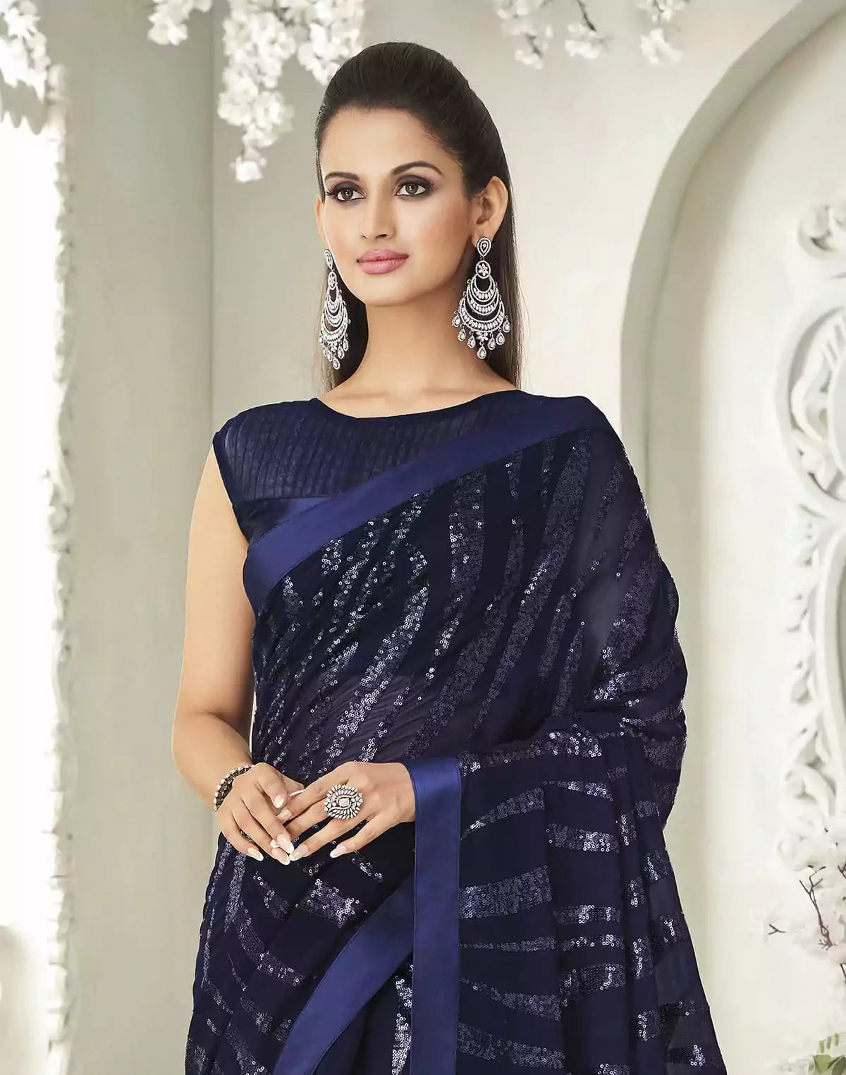 Image of Navy Blue Soft Georgette Sequence work Saree