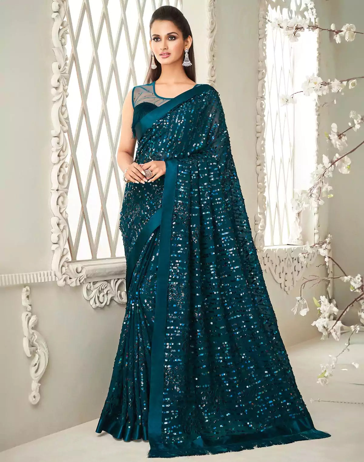 Image of Soft Georgette heavy Sequence work Blue Colour Saree
