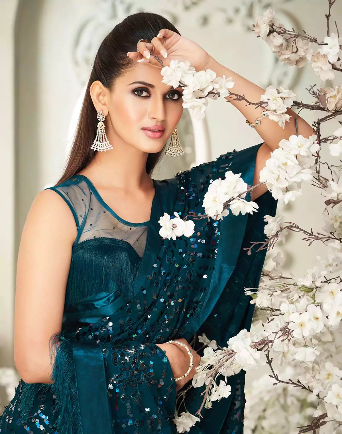 Image of Soft Georgette heavy Sequence work Blue Colour Saree