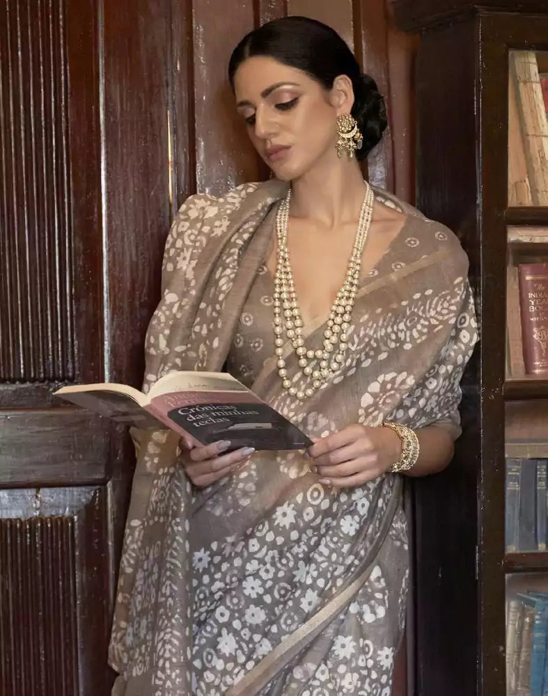 Image of Gleaming Brown Coloured Floral Print Cotton Saree