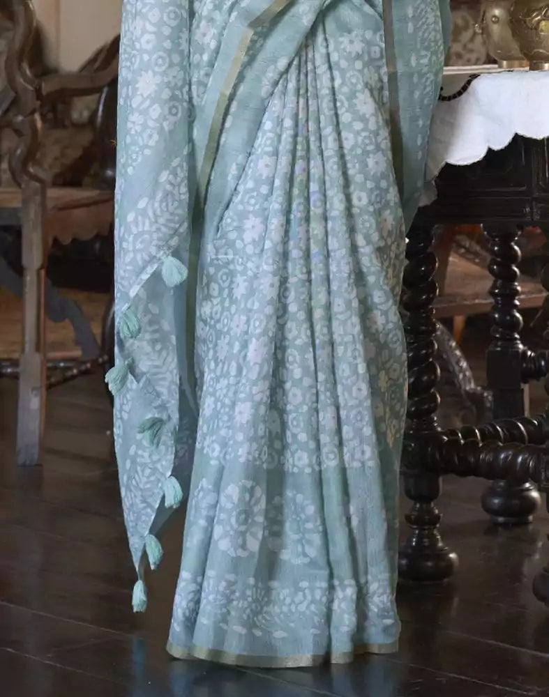 Image of Elegant Sky Blue Floral Print Cotton Saree