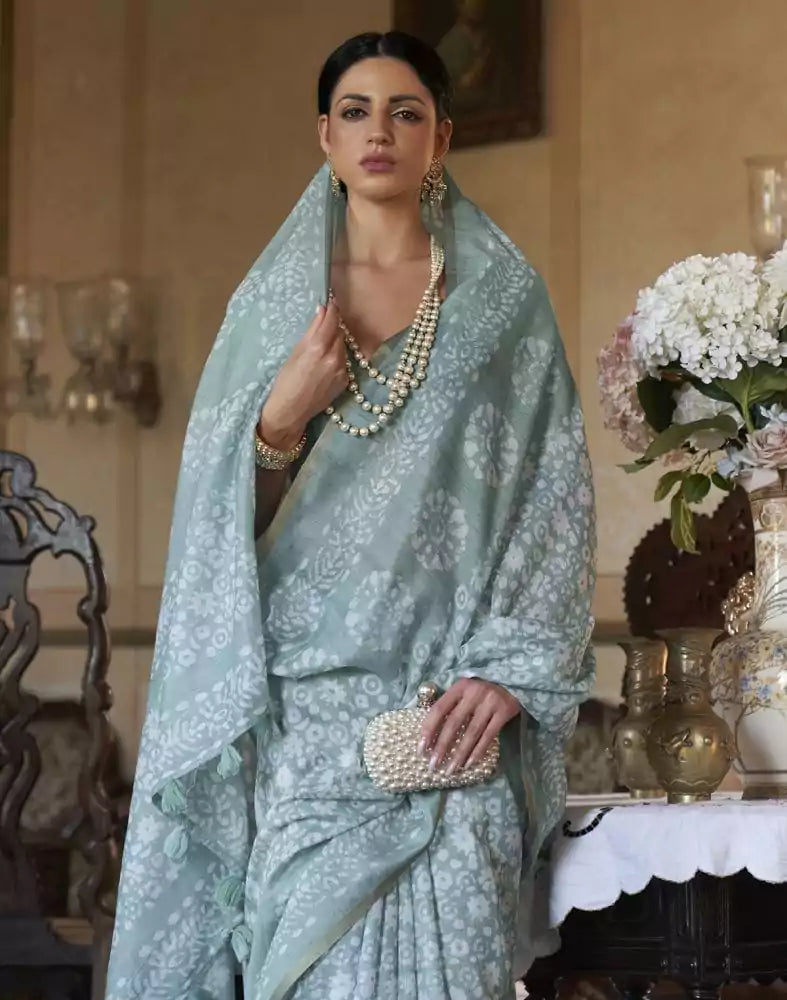Image of Elegant Sky Blue Floral Print Cotton Saree
