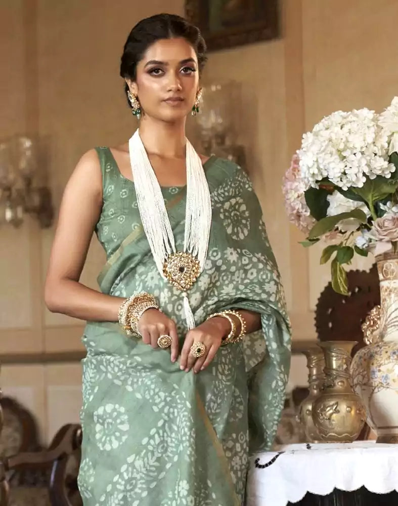 Image of Emerald Light Green Floral Print Cotton Saree