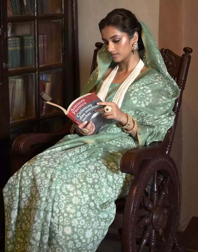 Image of Emerald Light Green Floral Print Cotton Saree