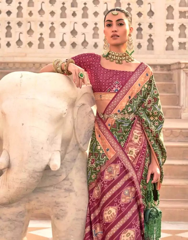 Image of Mehendi Green Ikat Print Patola Saree