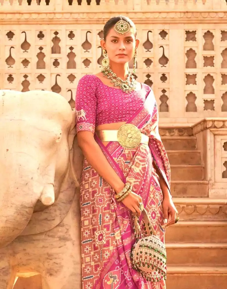 Image of Pink Coloured Ikat Print Patola Saree