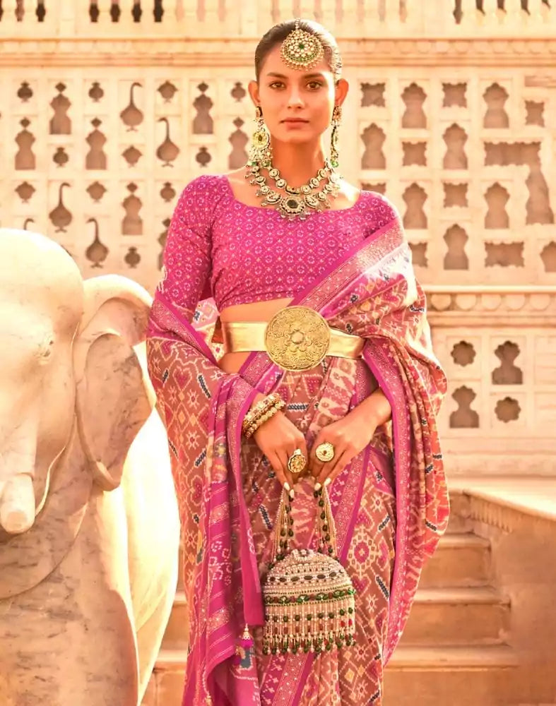 Image of Pink Coloured Ikat Print Patola Saree