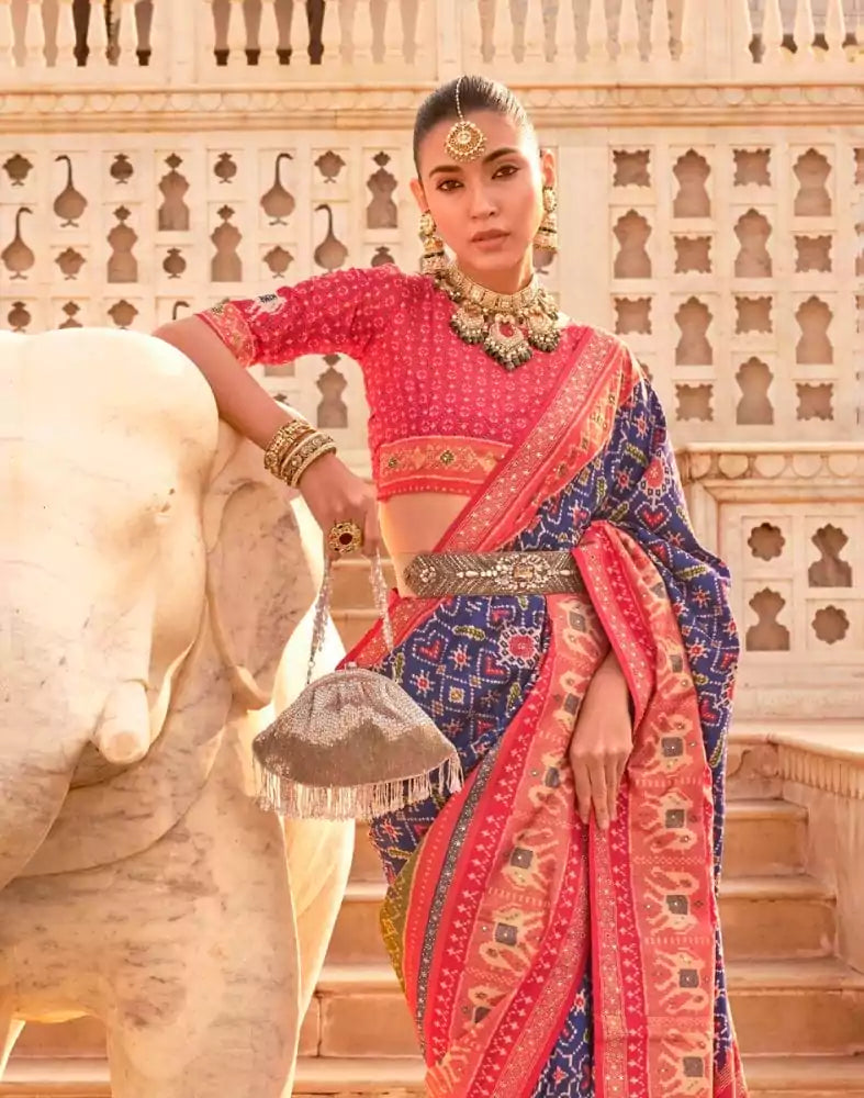 Image of Blue Coloured Ikat Print Patola Saree