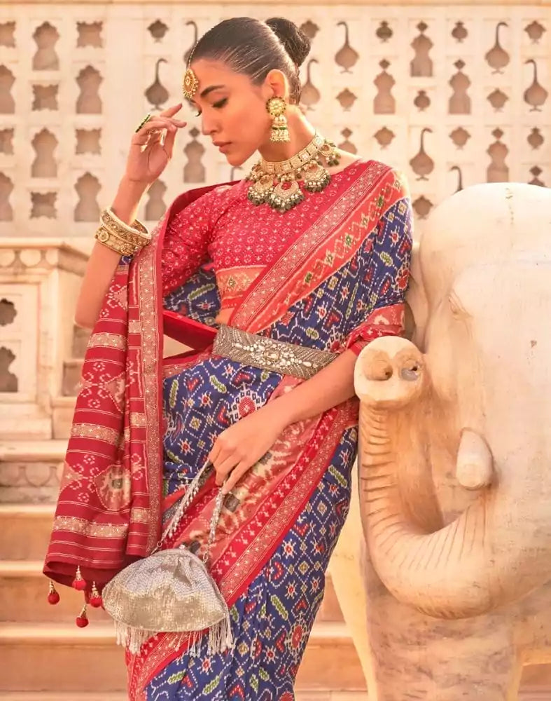Image of Blue Coloured Ikat Print Patola Saree