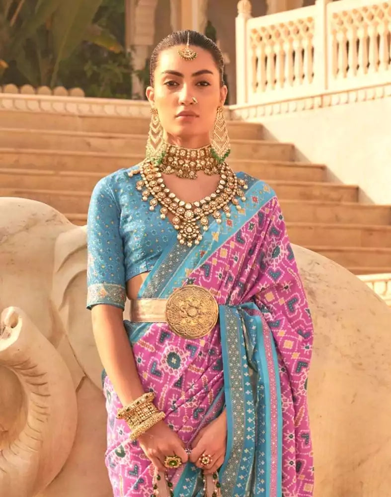 Image of Light Pink Ikat Print Patola Saree