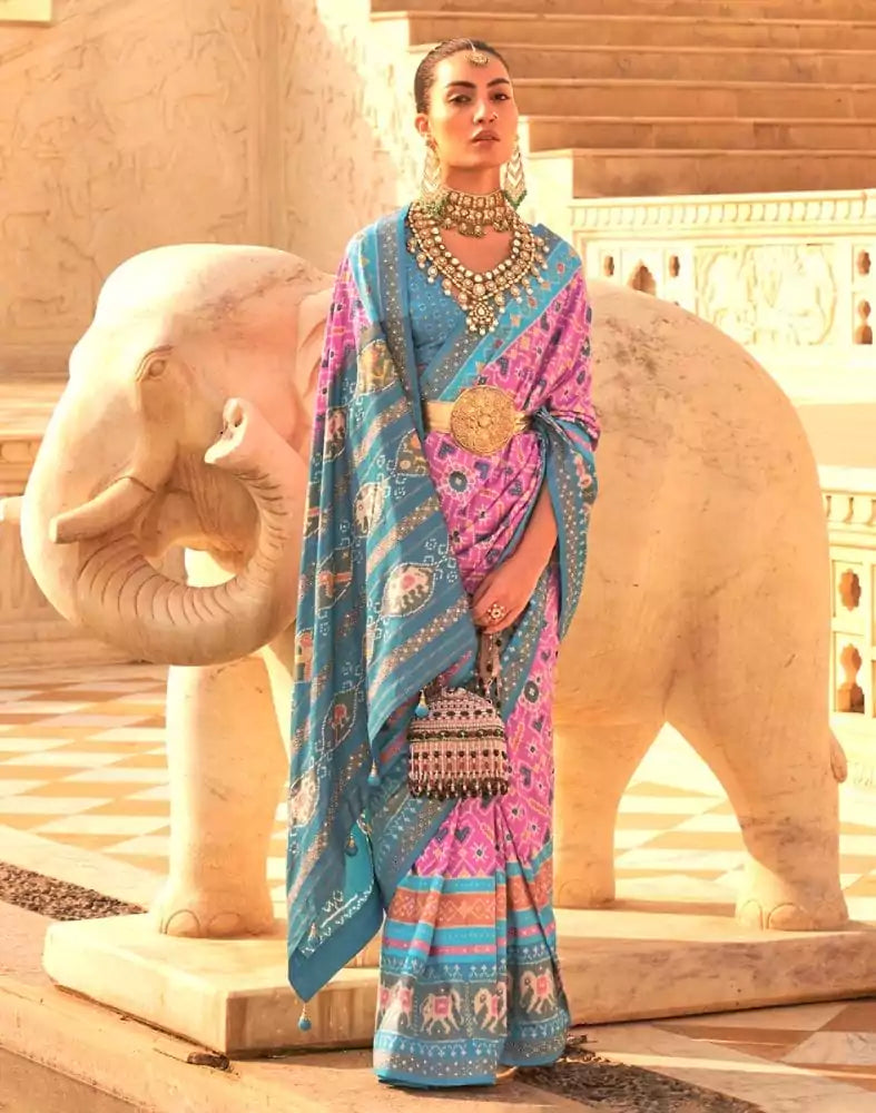 Image of Light Pink Ikat Print Patola Saree