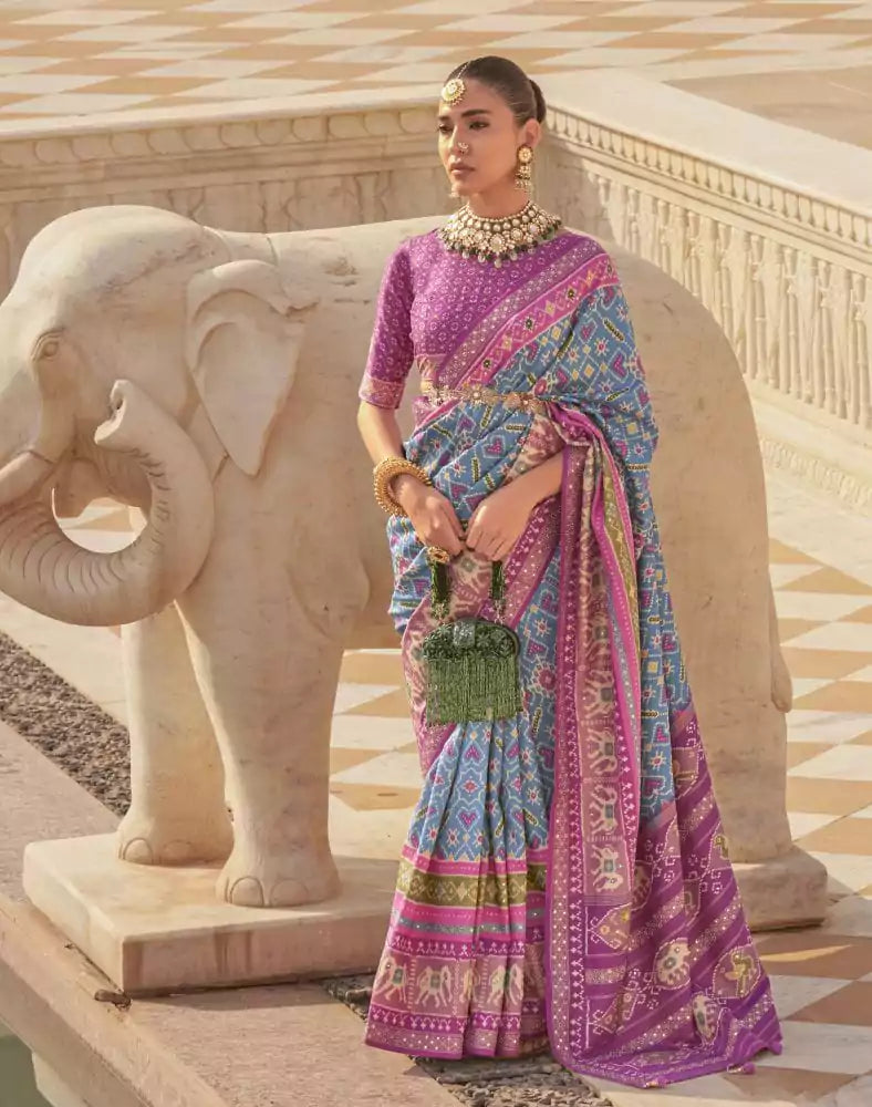 Image of Sky Blue Ikat Print Patola Saree