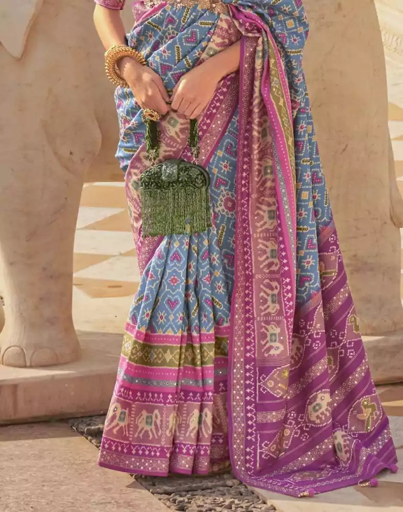 Image of Sky Blue Ikat Print Patola Saree