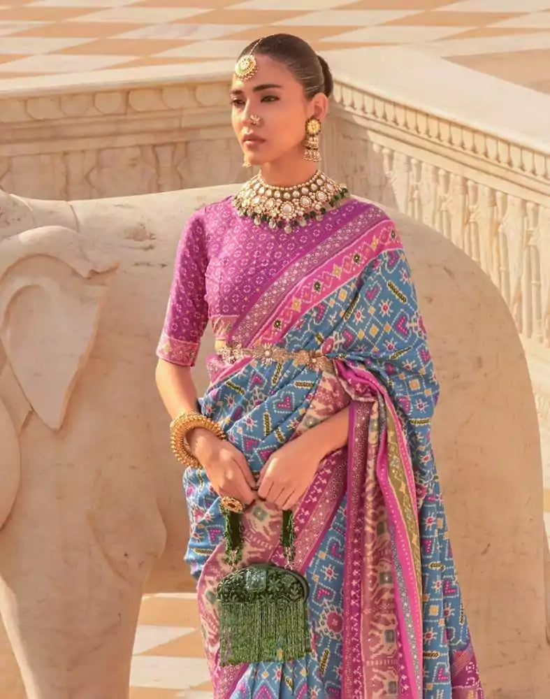 Image of Blue Ikat Print Patola Fabric Saree