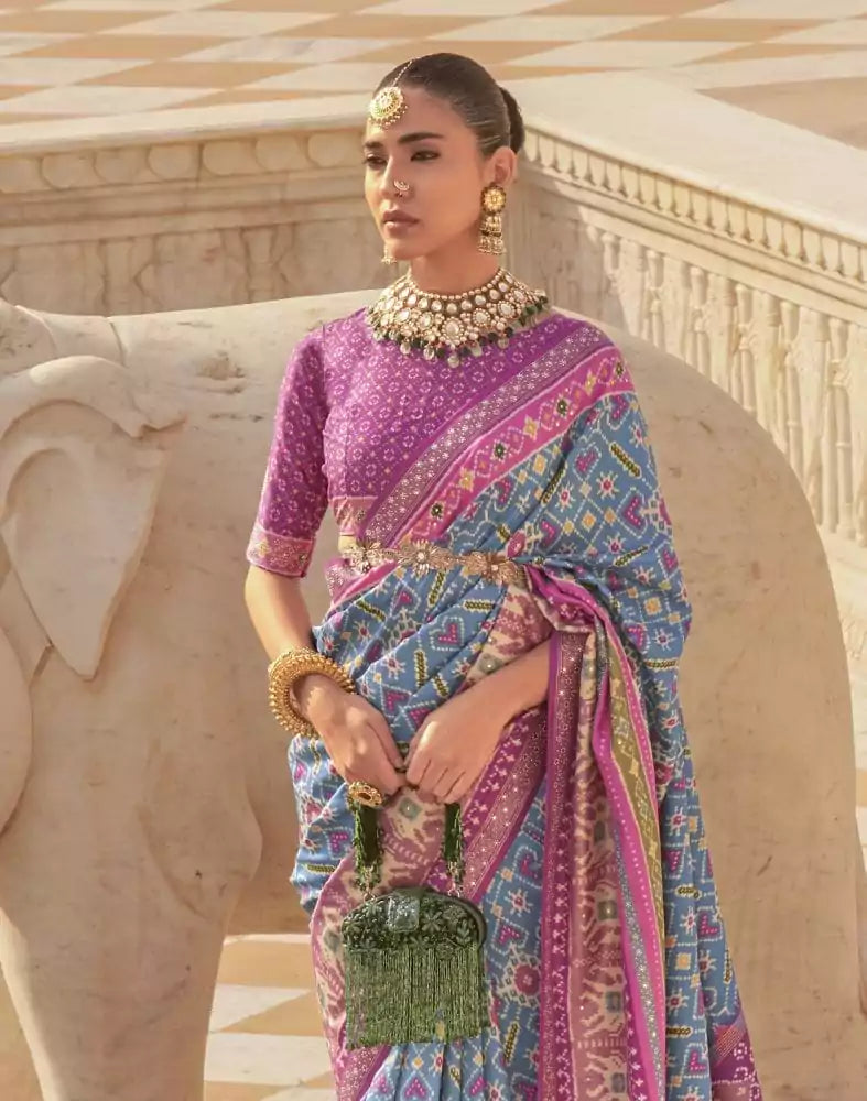 Image of Sky Blue Ikat Print Patola Saree