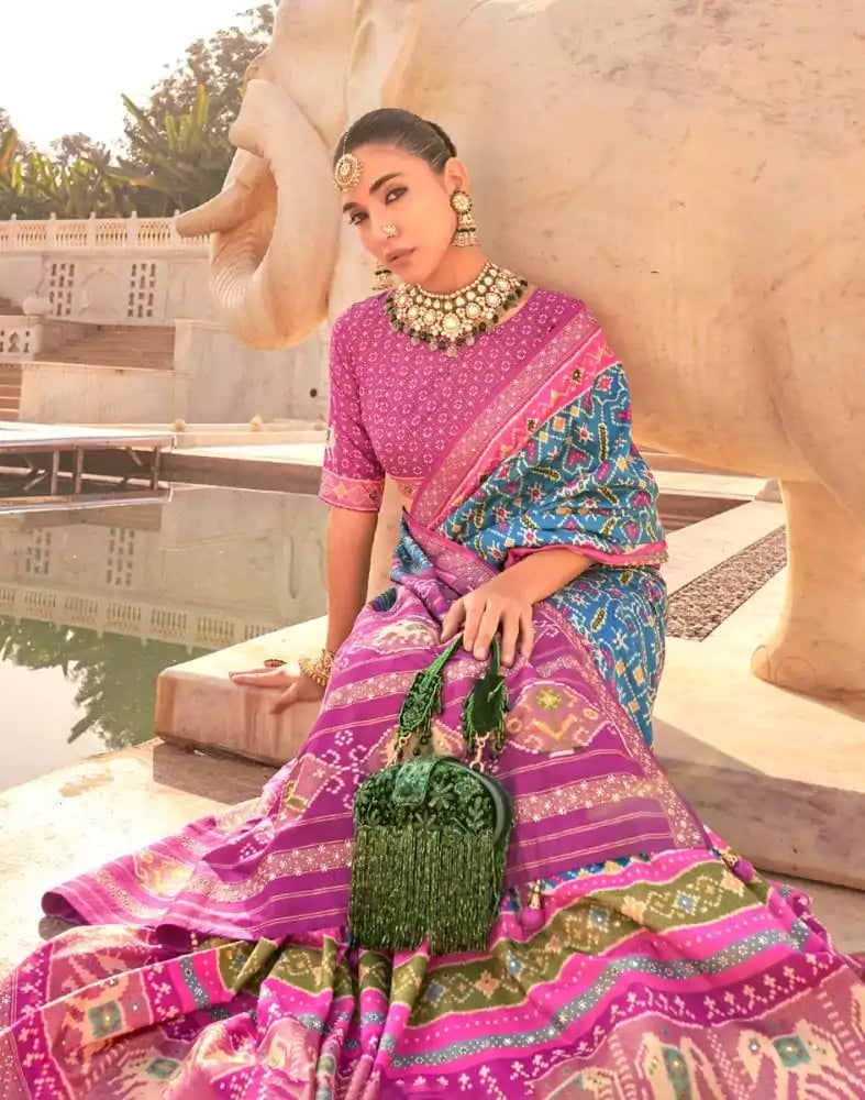 Image of Blue Ikat Print Patola Fabric Saree