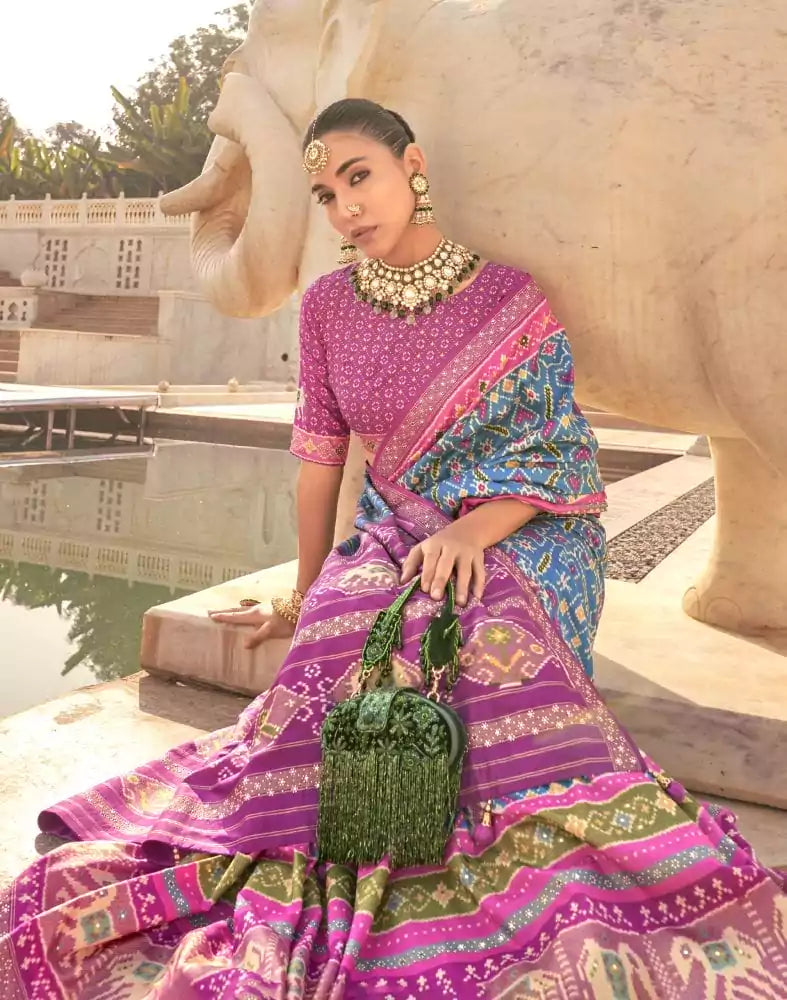 Image of Sky Blue Ikat Print Patola Saree