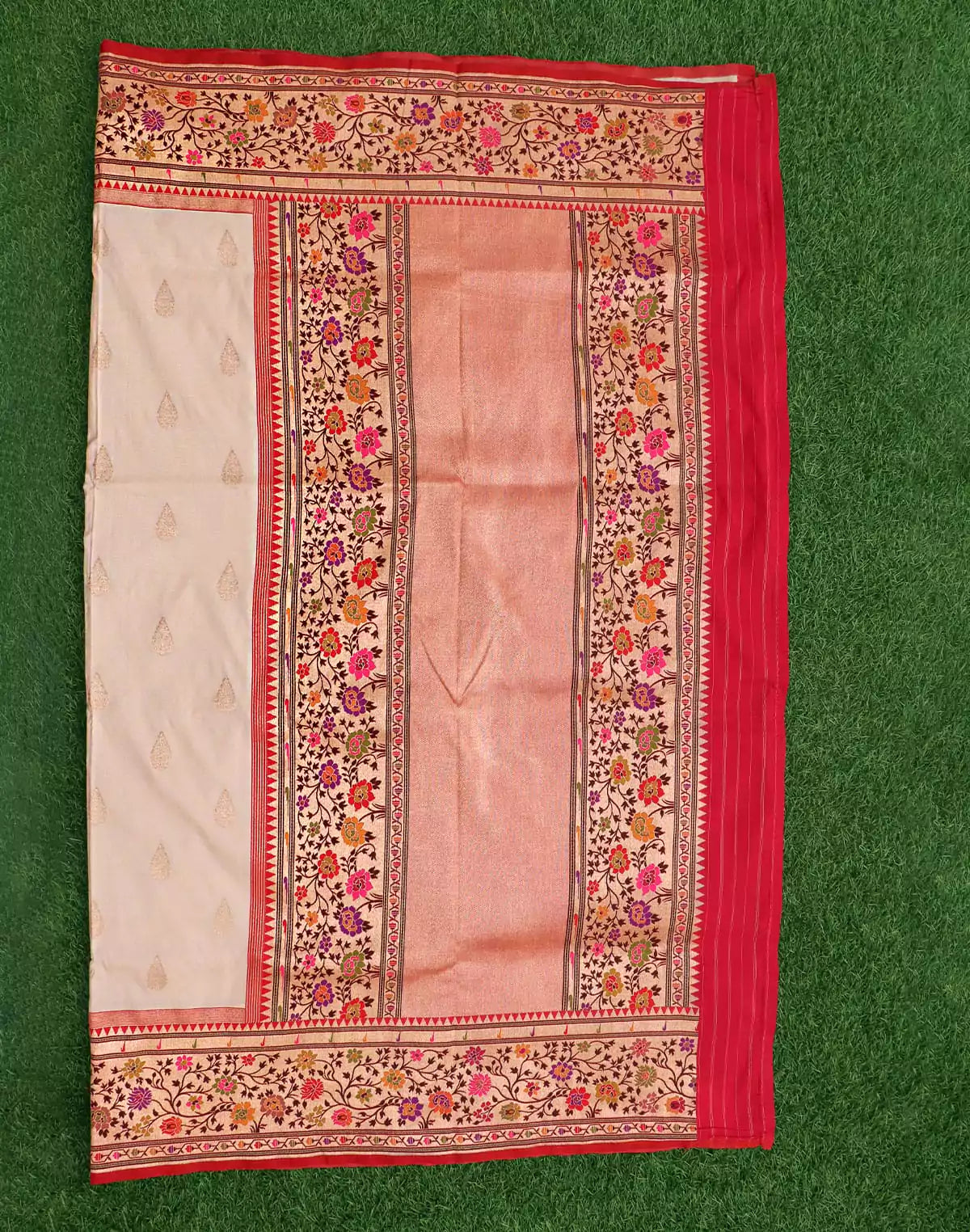 Image of Cream and Pink Banaras Butta Saree