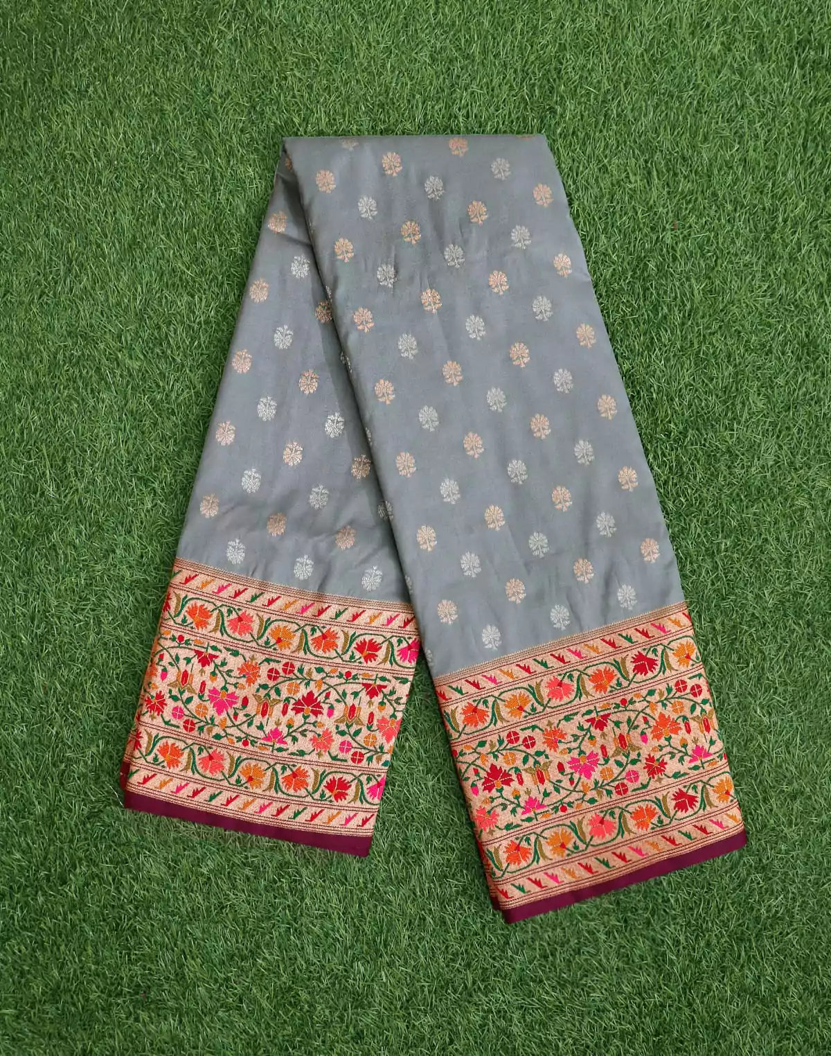 Image of Grey Banaras Bootis Paithani Border Saree