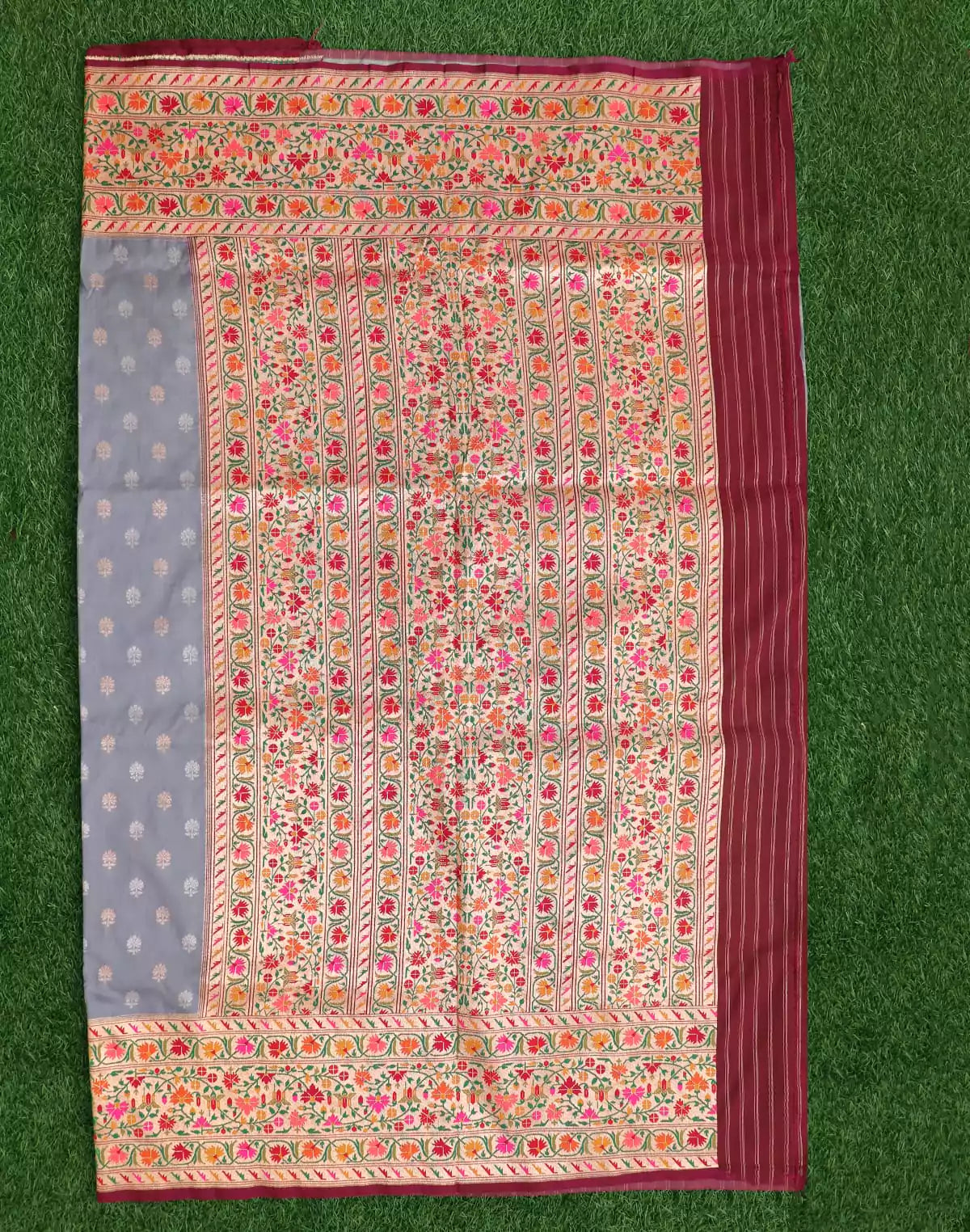 Image of Grey Banaras Bootis Paithani Border Saree