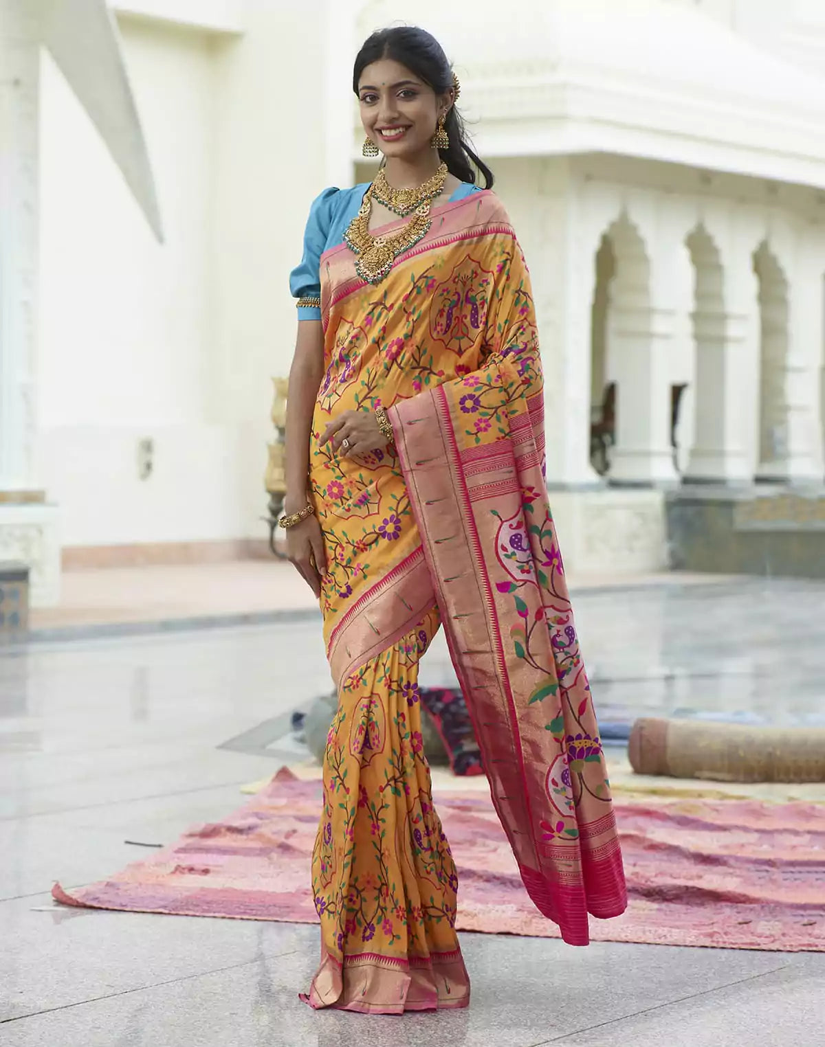Image of Bright Mustard Woven Banaras Paithani Silk Saree