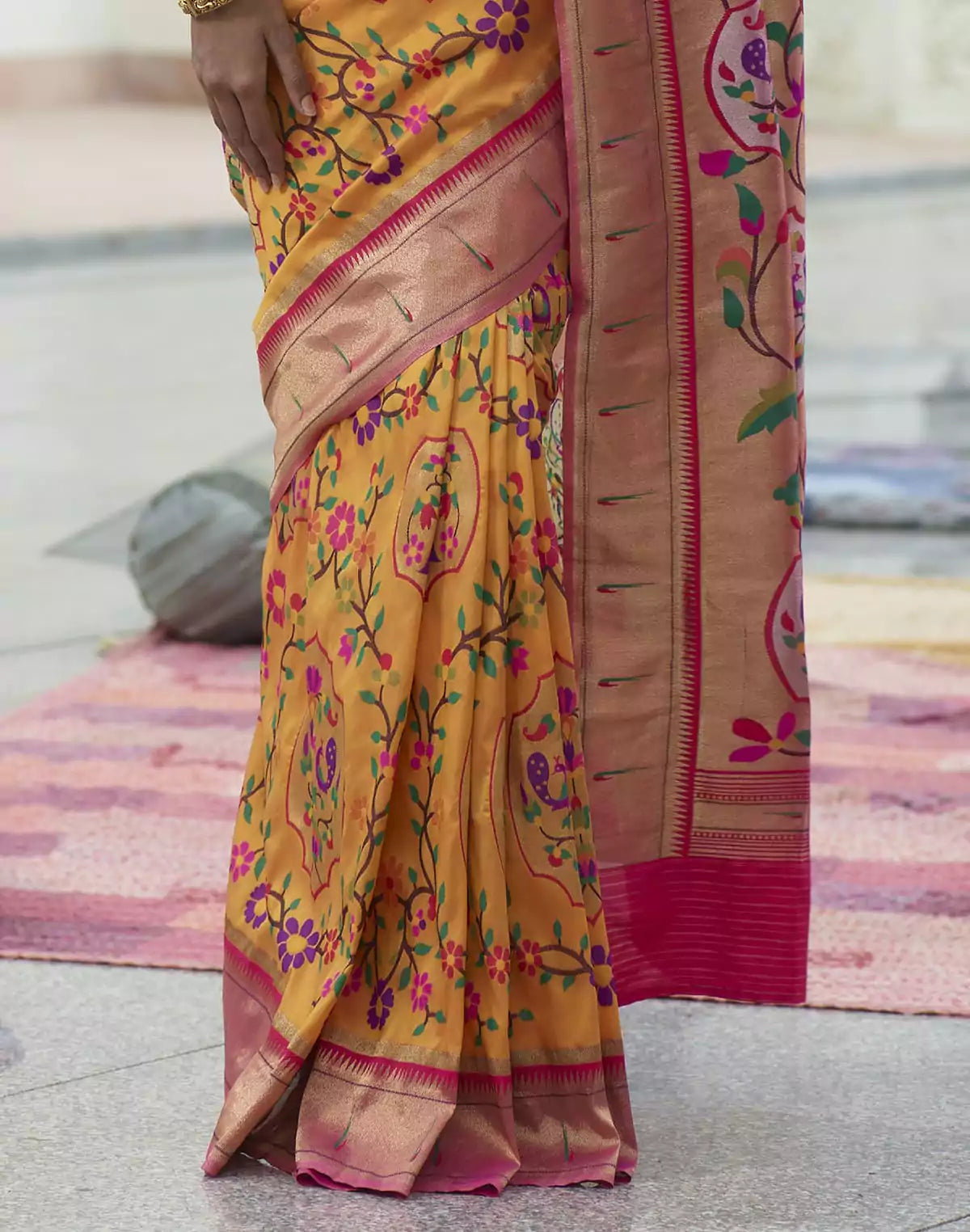 Image of Bright Mustard Woven Banaras Paithani Silk Saree