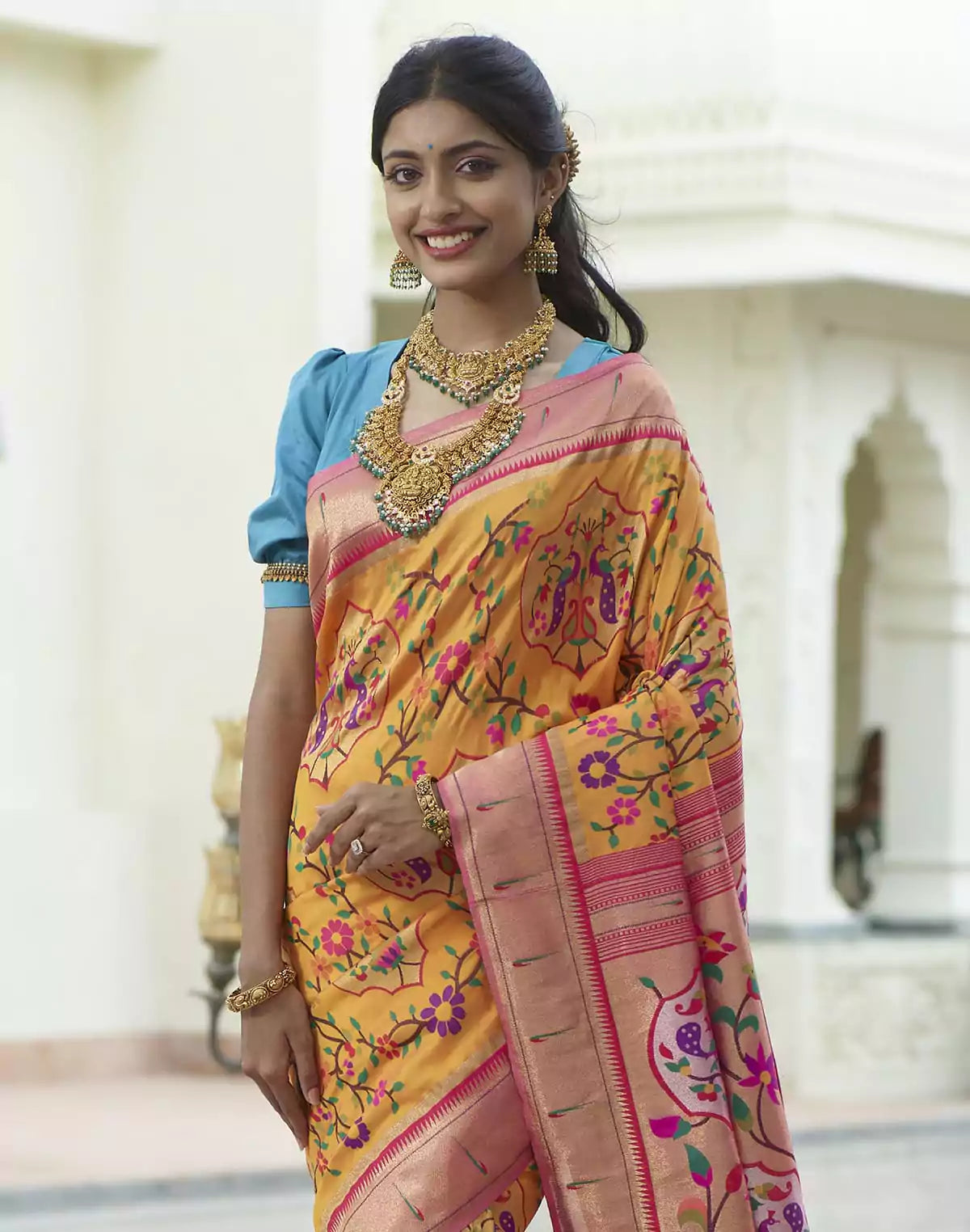 Image of Bright Mustard Woven Banaras Paithani Silk Saree