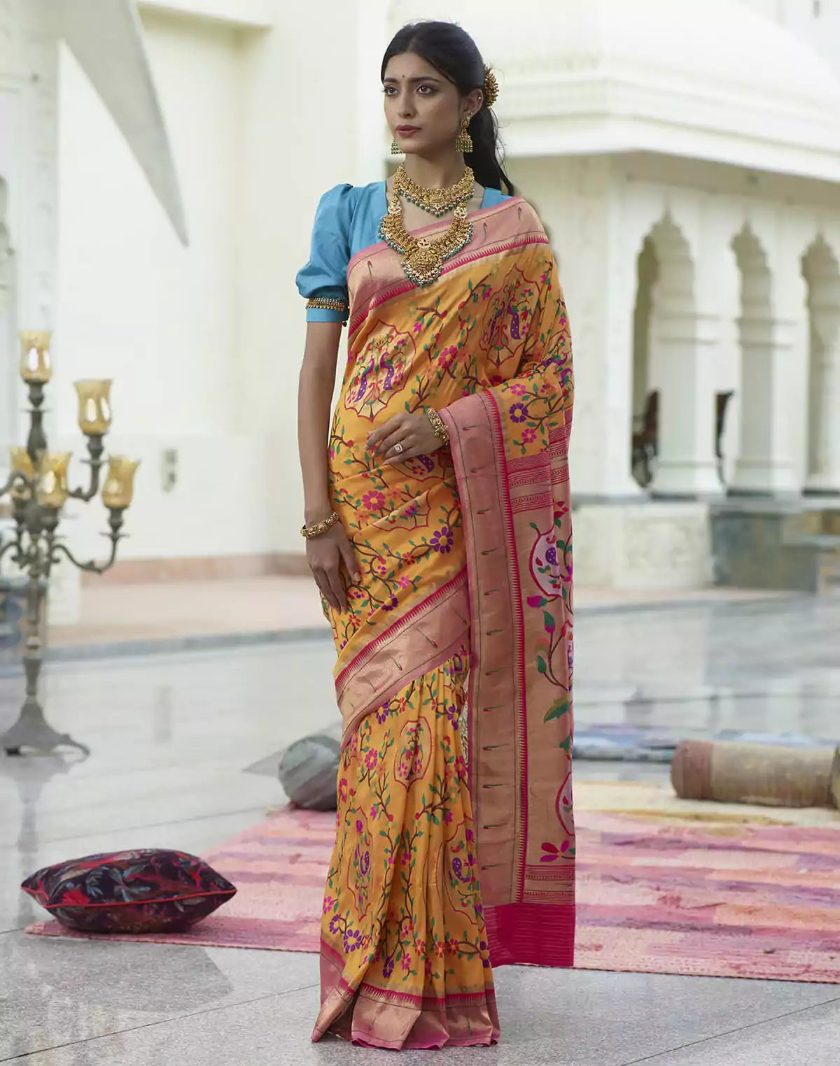 Image of Bright Mustard Woven Banaras Paithani Silk Saree