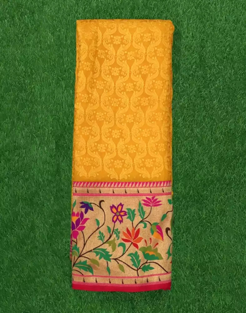 Image of Yellow Chikankari work Georgette saree with paithani border and blouse piece