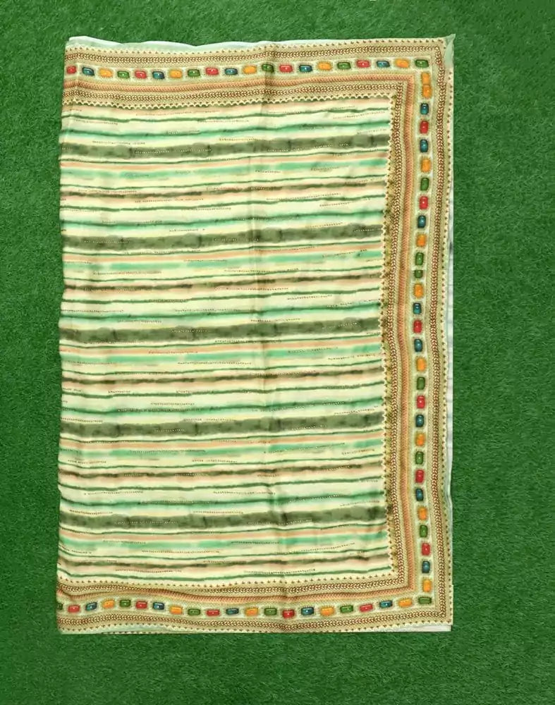 Image of Green Striped Stones work Crape Saree