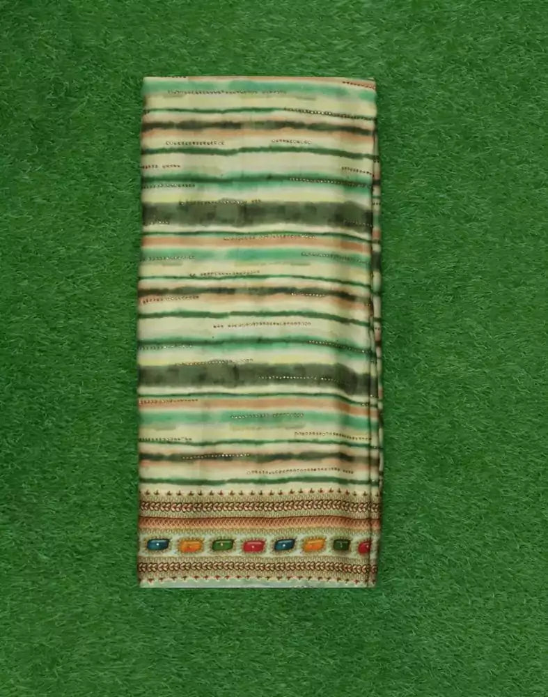 Image of Green Striped Stones work Crape Saree