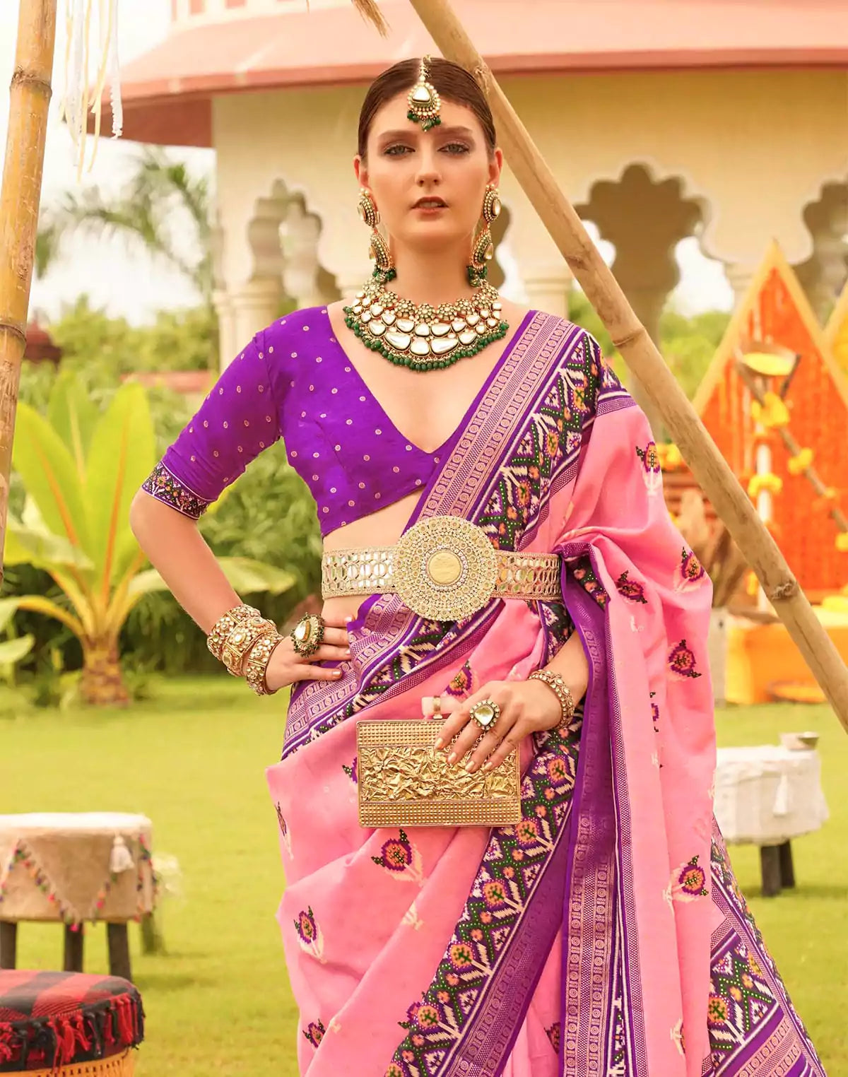 Image of Decent Pink Coloured Floral Patola Silk Saree