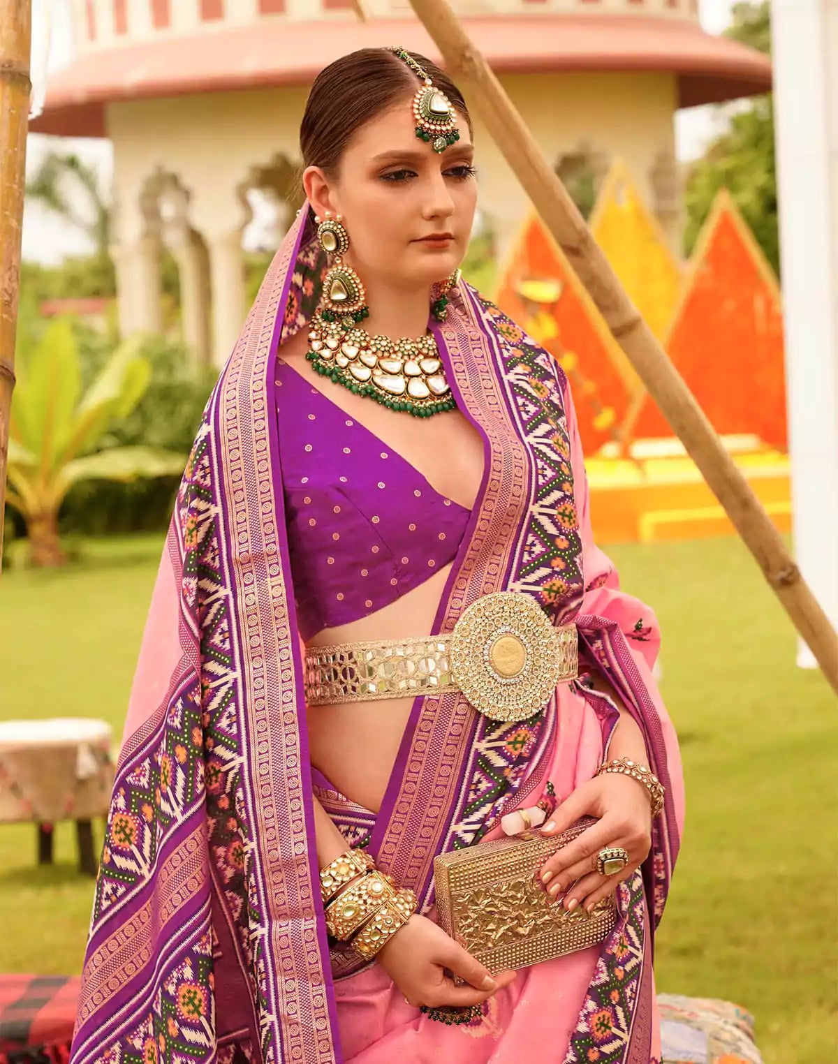 Image of Decent Pink Coloured Floral Patola Silk Saree