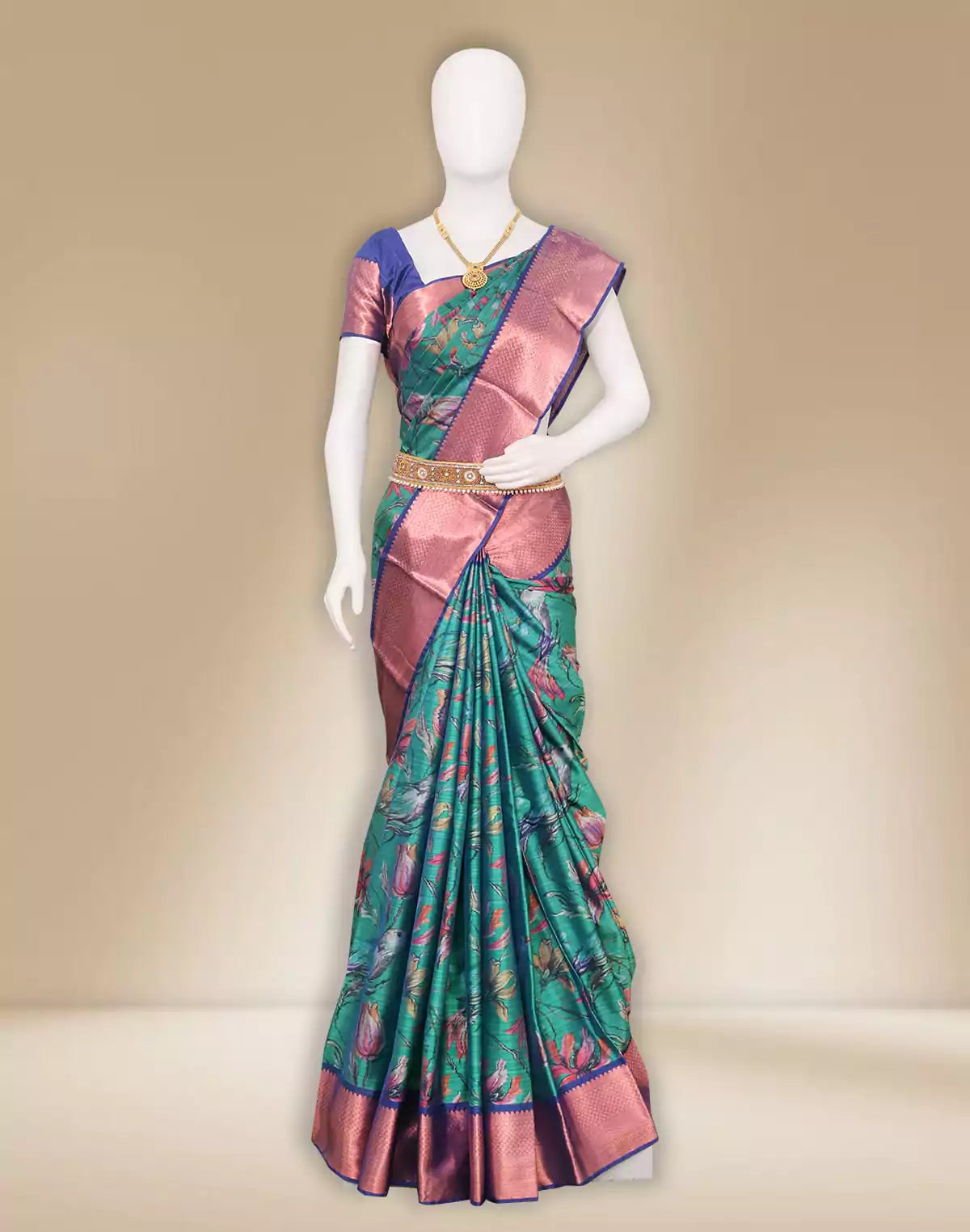Image of Green Kanchi Kalamkari Digital Print Saree with Copper Zari Border
