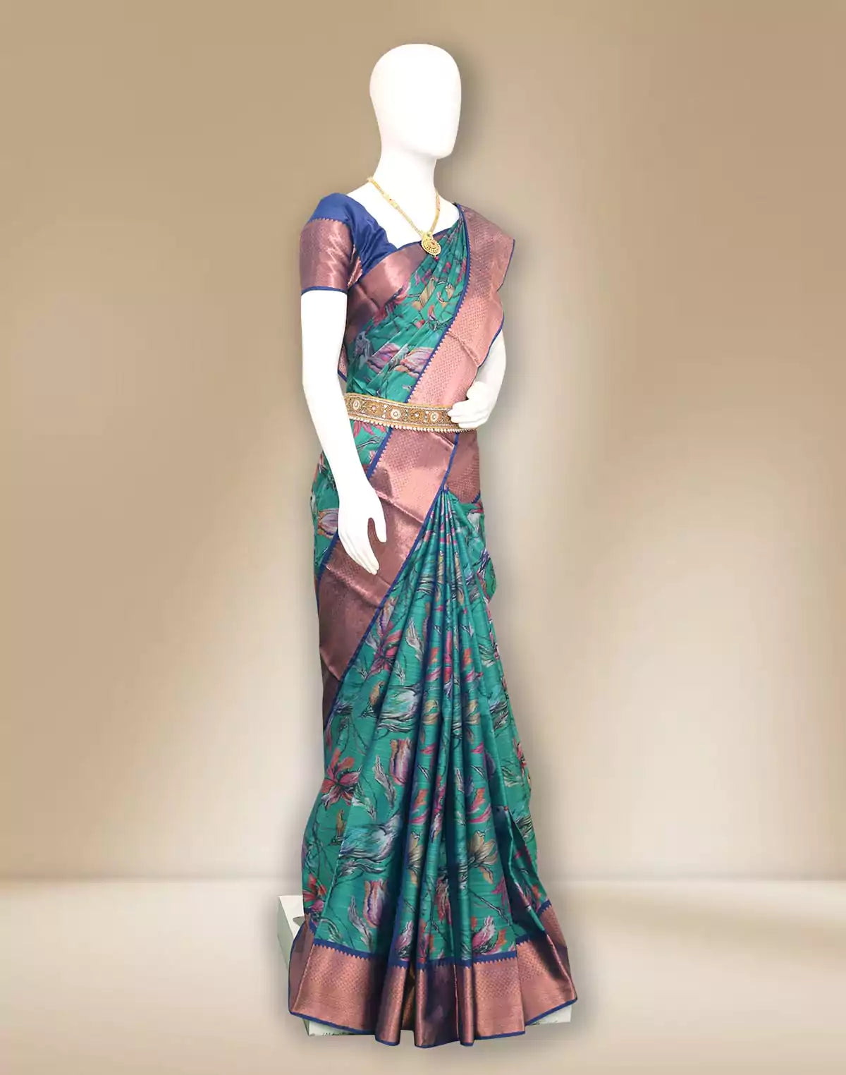 Image of Green Kanchi Kalamkari Digital Print Saree with Copper Zari Border