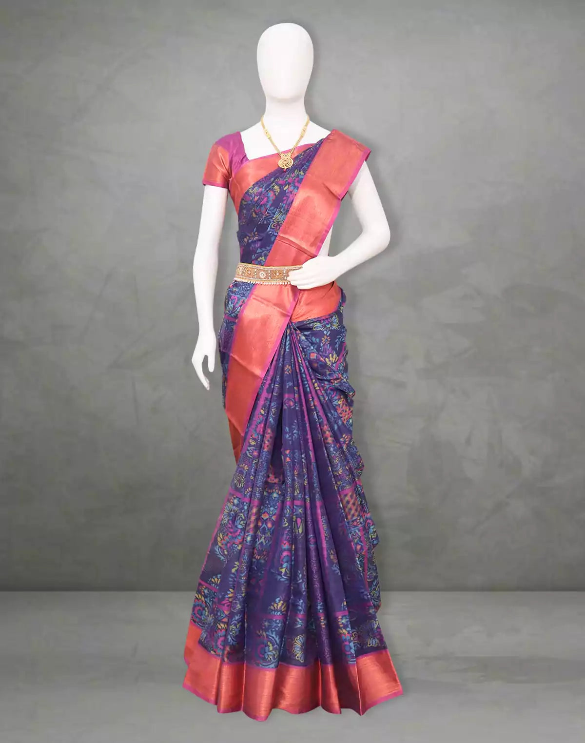 Image of Blue Colour Kanchi Kalamkari Saree Digital Print Copper Zari Border