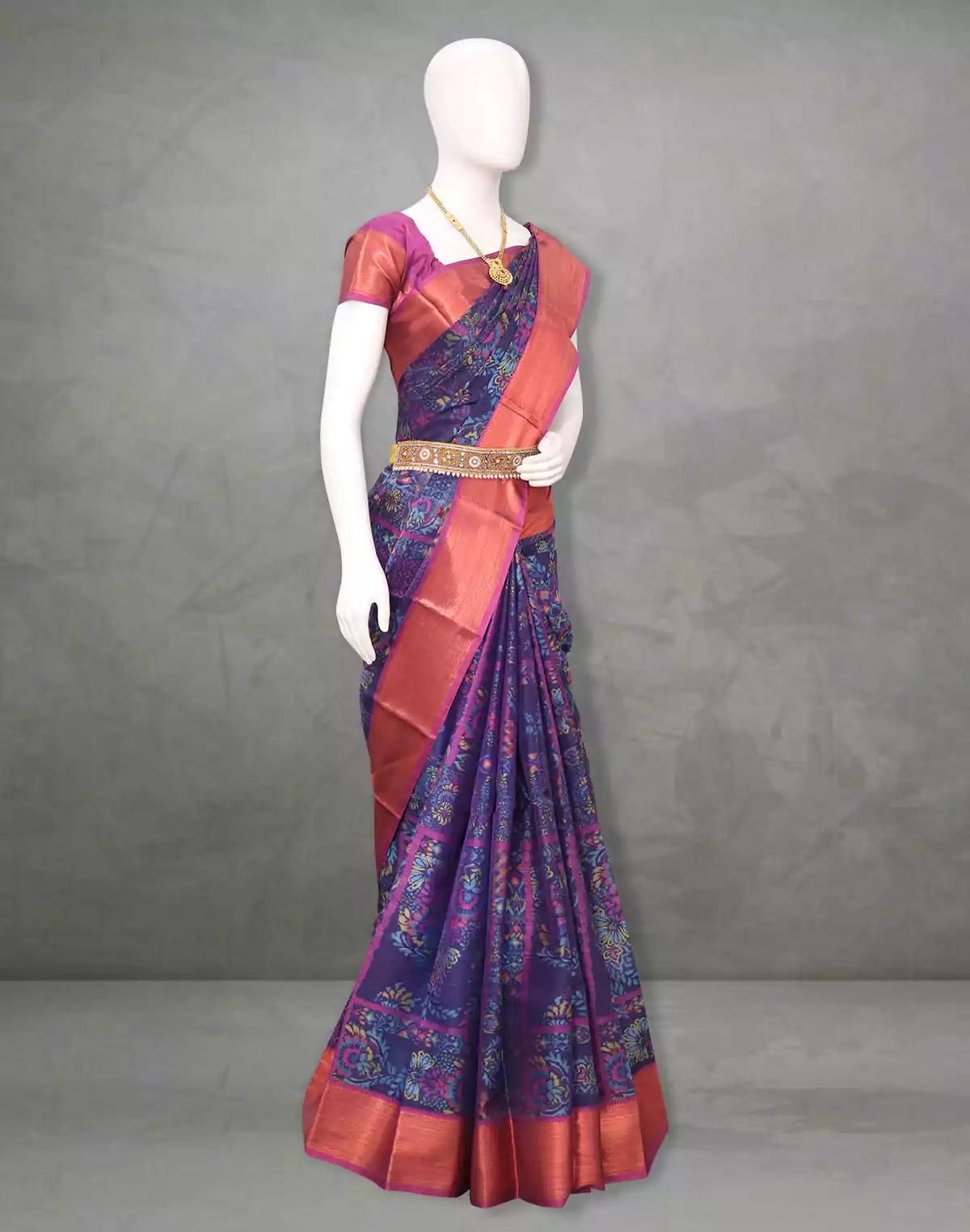 Image of Blue Colour Kanchi Kalamkari Saree Digital Print Copper Zari Border