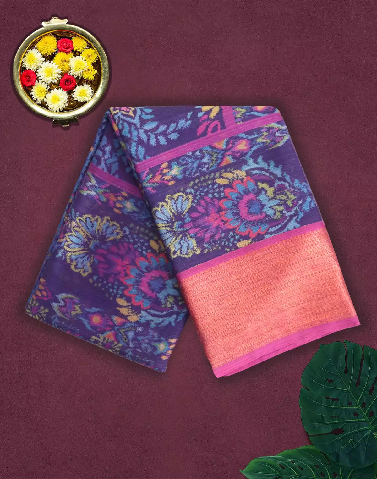 Image of Blue Colour Kanchi Kalamkari Saree Digital Print Copper Zari Border