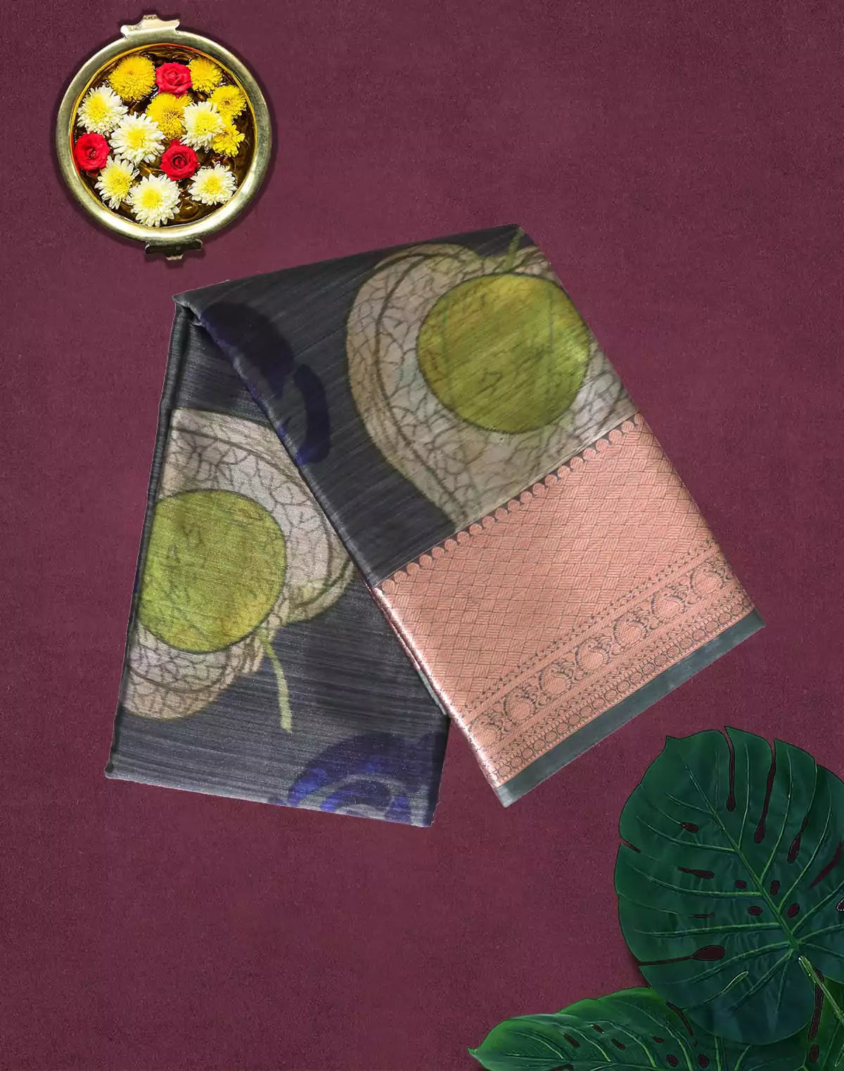 Image of Kanchi Kalamkari Digital Print Grey Saree with Coppet Zari Border