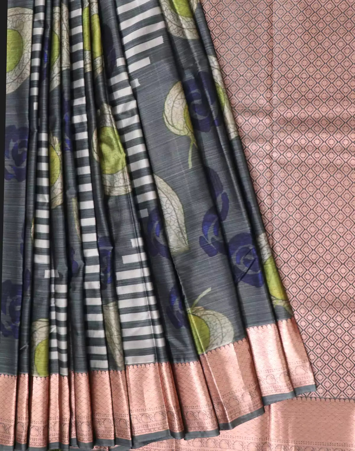 Image of Kanchi Kalamkari Digital Print Grey Saree with Coppet Zari Border