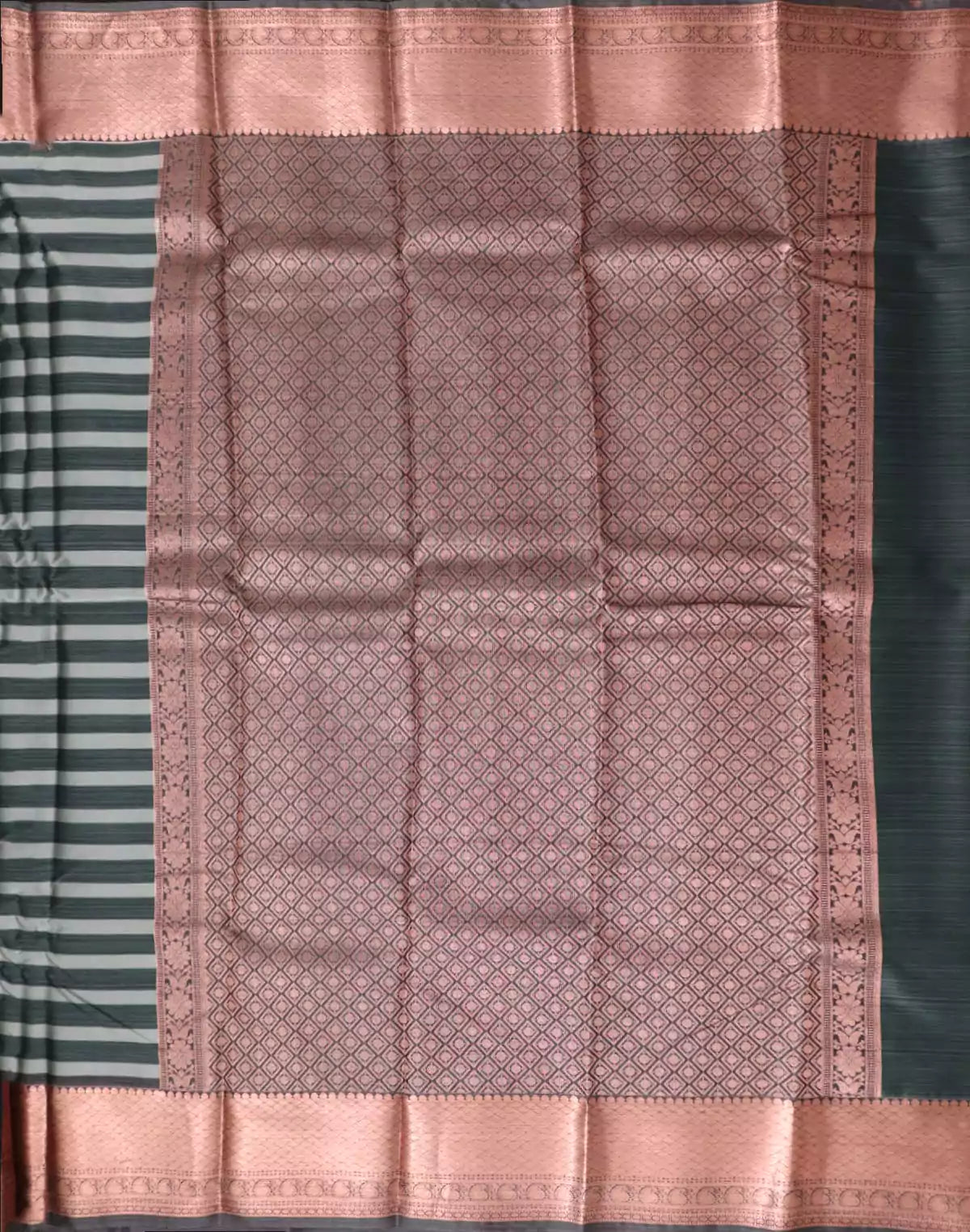 Image of Kanchi Kalamkari Digital Print Grey Saree with Coppet Zari Border