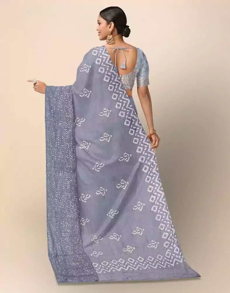 Image of Grey Batik print Pure Cotton Saree