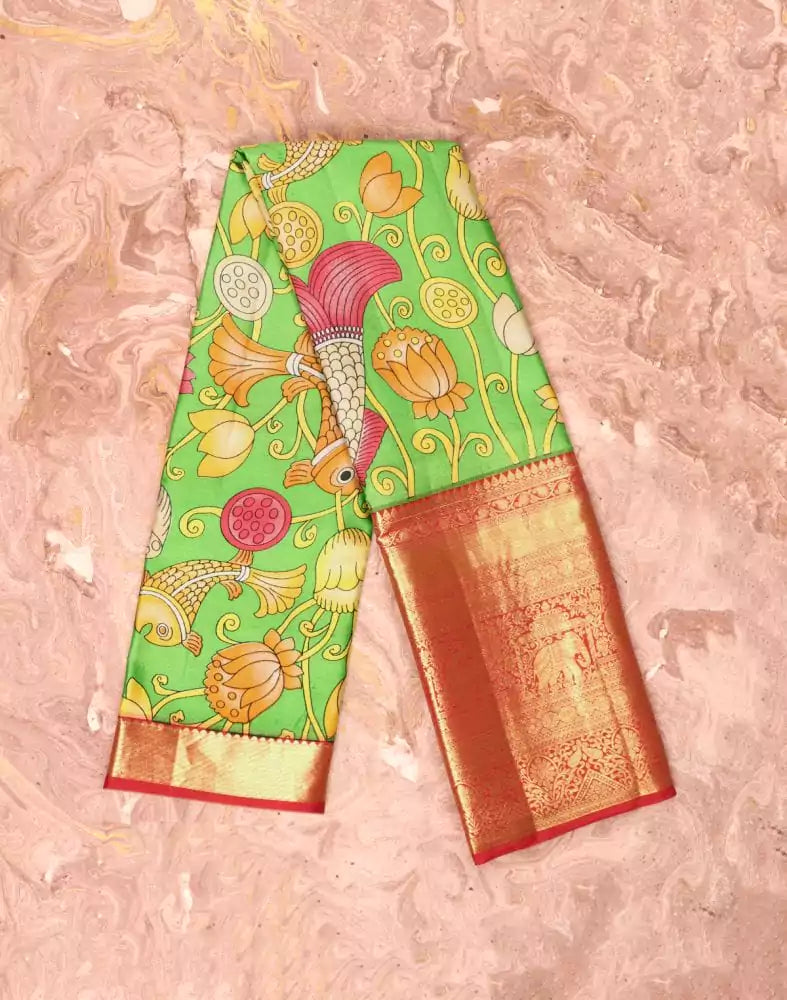 Image of Parrot Green Pure Pen Kalamkari Print Silk Saree