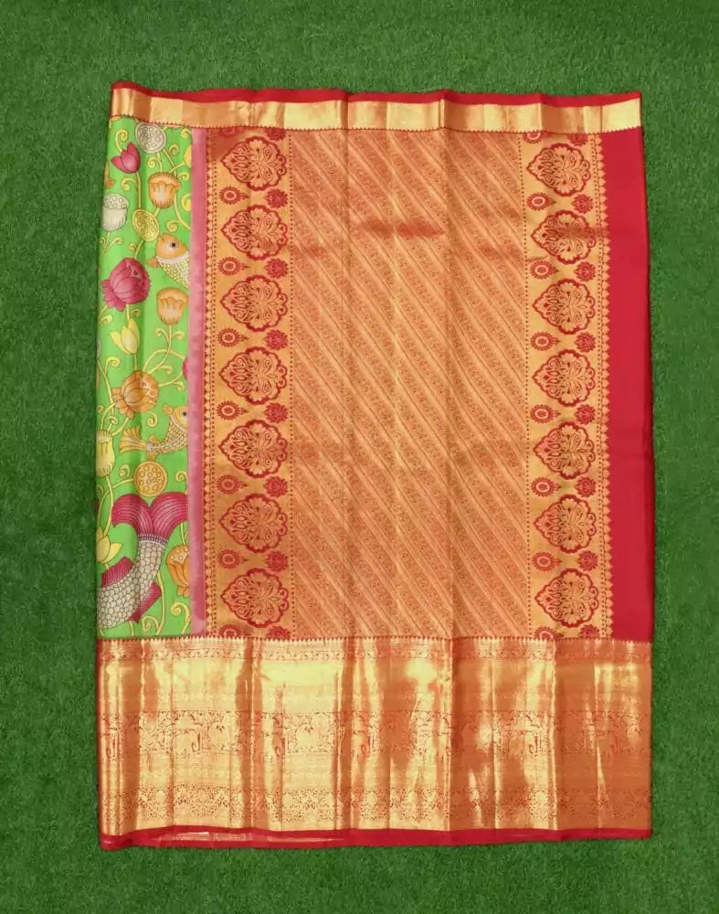 Image of Parrot Green Pure Pen Kalamkari Print Silk Saree
