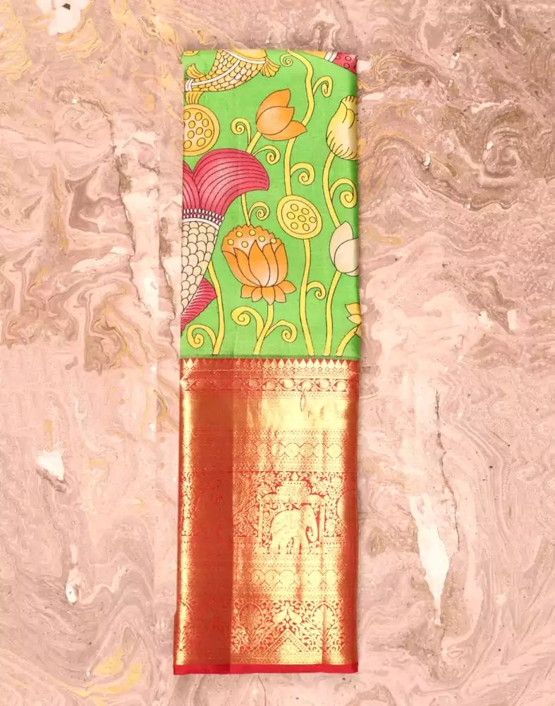 Image of Parrot Green Pure Pen Kalamkari Print Silk Saree